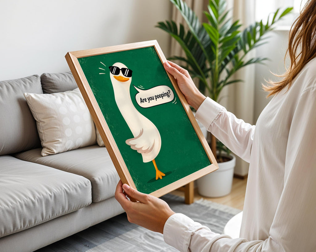 Funny Goose Wall Art, Are You Pooping Poster, Bathroom Humour Print, Quirky Green Toilet Decor