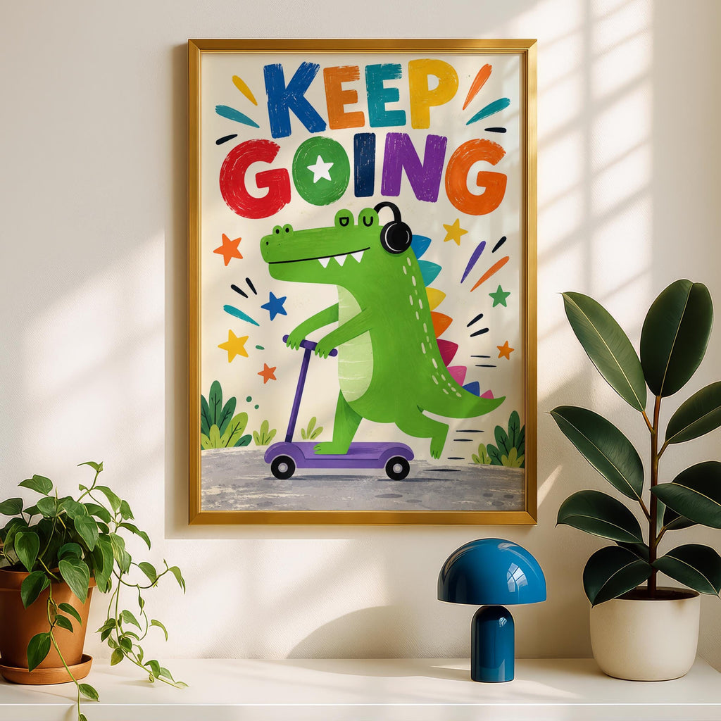 Keep Going Dinosaur Poster, Kids Room Wall Art, Motivational Nursery Print, Colourful Scooter Dino