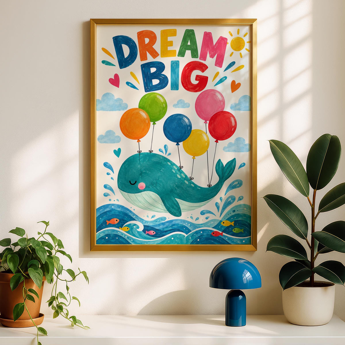 Dream Big Whale Nursery Print, Kids Room Wall Art, Colourful Balloons Poster, Baby Boy Girl Decor
