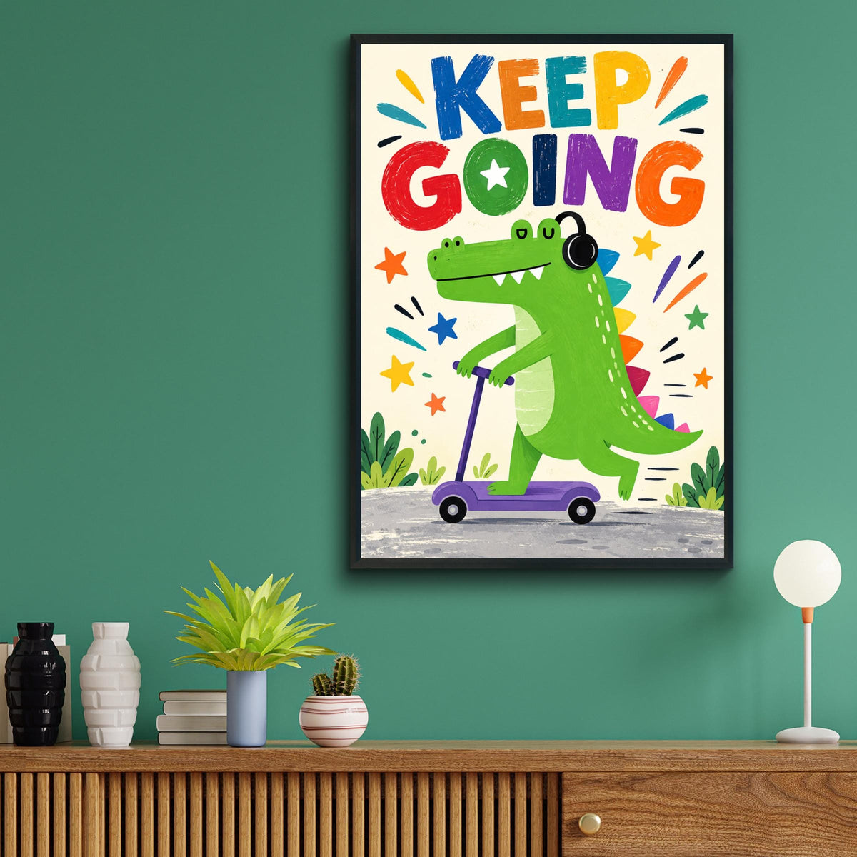 Keep Going Dinosaur Poster, Kids Room Wall Art, Motivational Nursery Print, Colourful Scooter Dino
