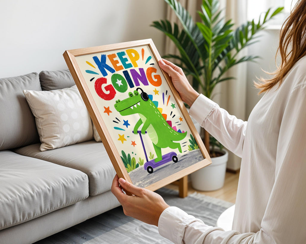 Keep Going Dinosaur Poster, Kids Room Wall Art, Motivational Nursery Print, Colourful Scooter Dino