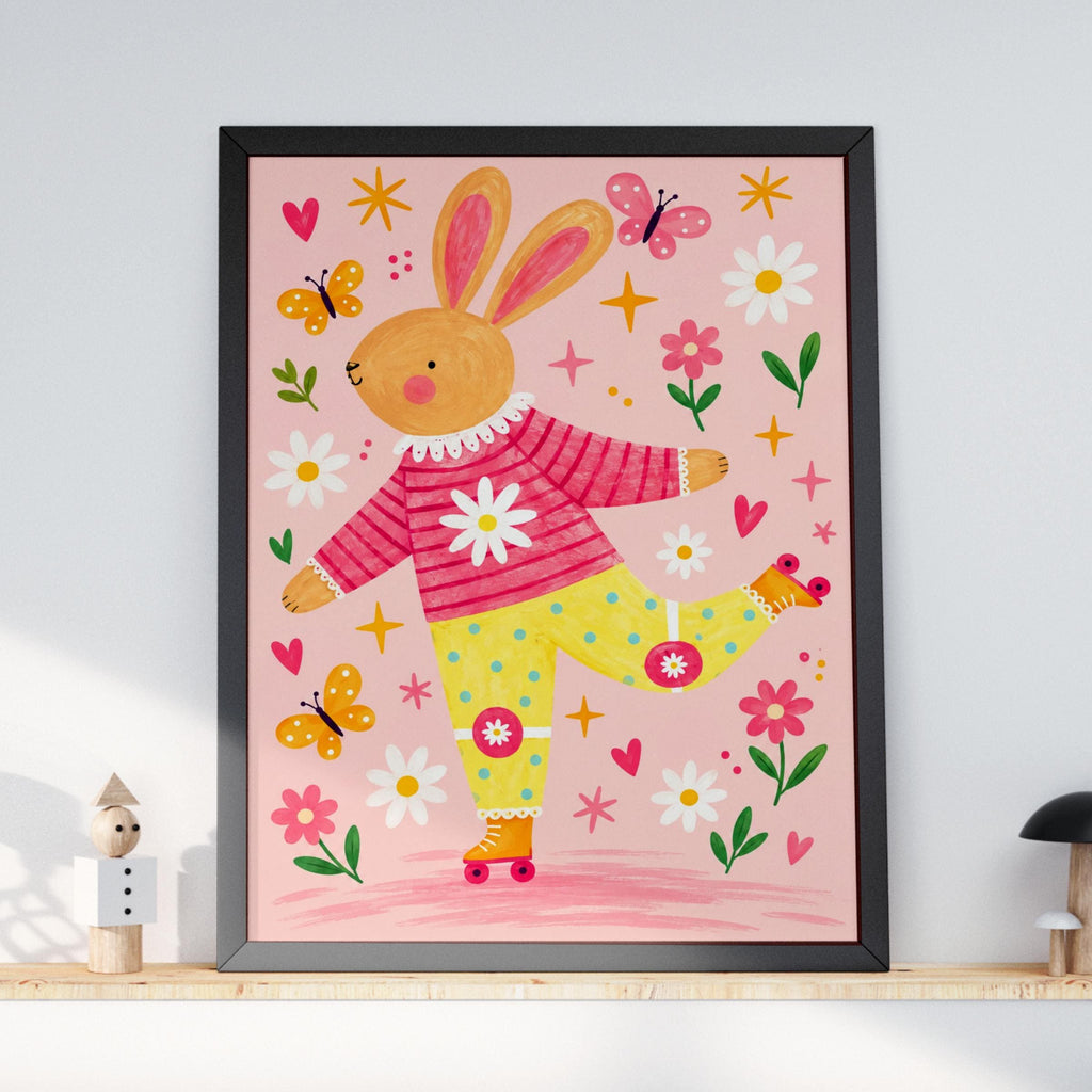 Roller Skating Bunny Nursery Wall Art, Cute Rabbit Print, Pink Floral Kids Room Poster