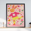 Roller Skating Bunny Nursery Wall Art, Cute Rabbit Print, Pink Floral Kids Room Poster