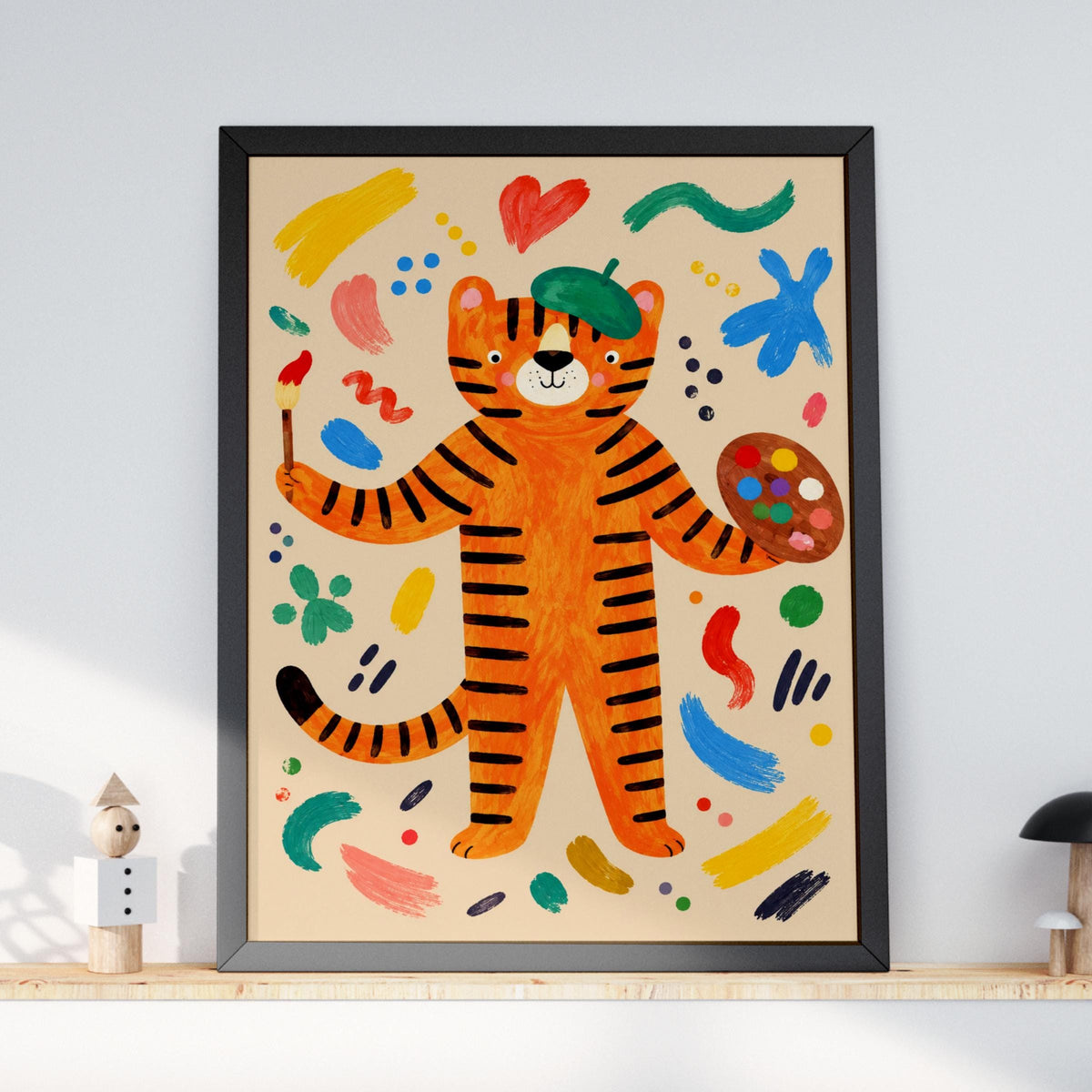 Tiger Artist Nursery Wall Art, Colourful Painter Tiger Poster, Kids Room Print, Playful Animal Art