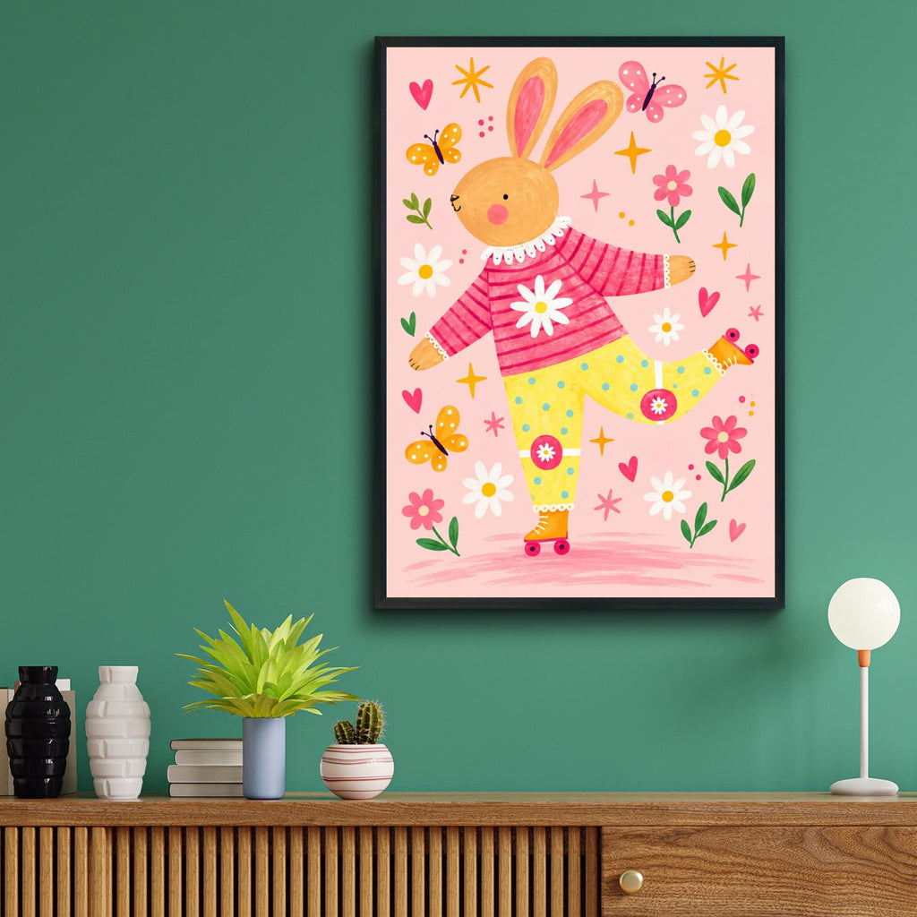 Roller Skating Bunny Nursery Wall Art, Cute Rabbit Print, Pink Floral Kids Room Poster