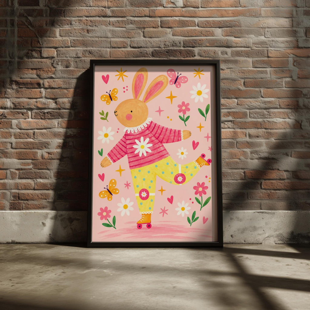 Roller Skating Bunny Nursery Wall Art, Cute Rabbit Print, Pink Floral Kids Room Poster