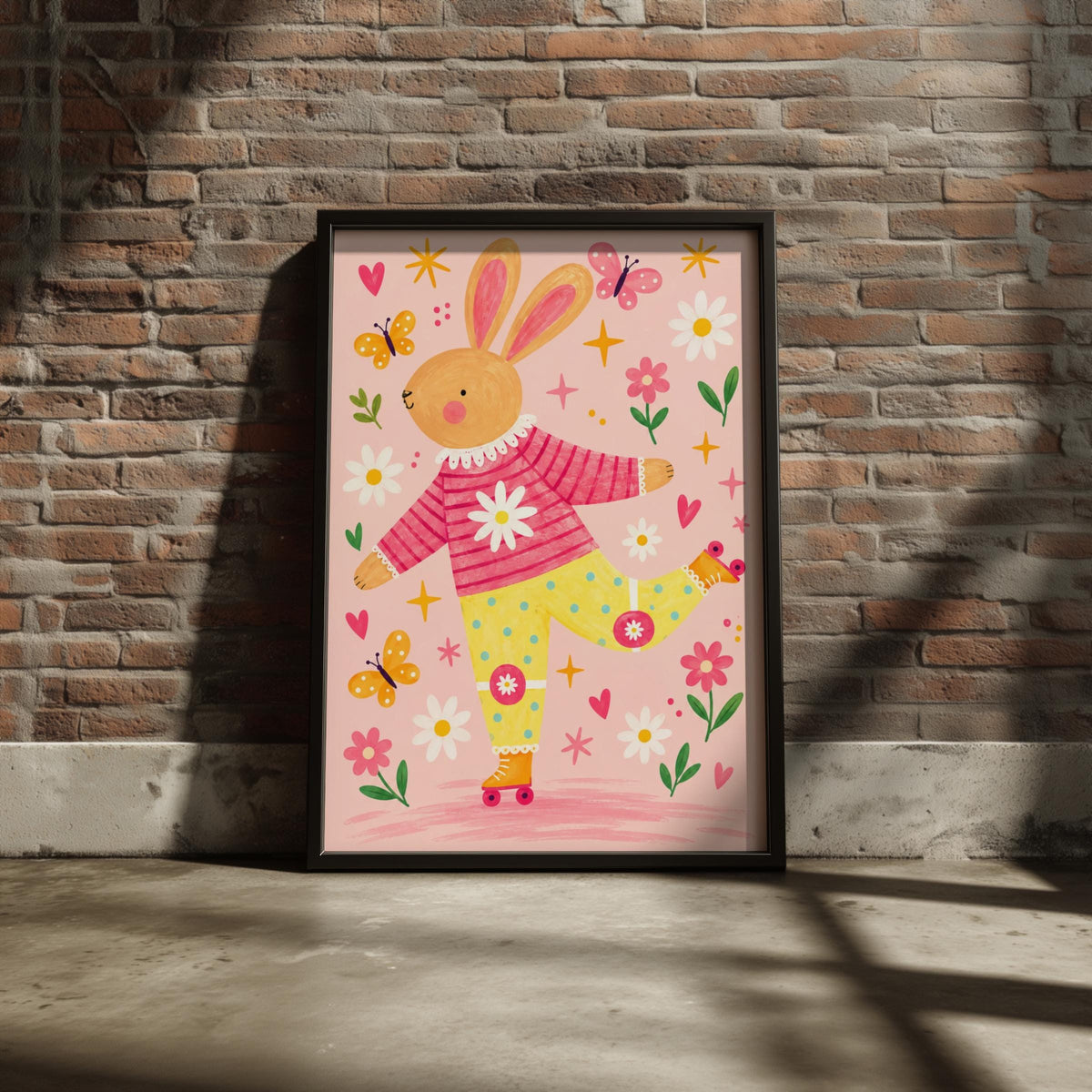 Roller Skating Bunny Nursery Wall Art, Cute Rabbit Print, Pink Floral Kids Room Poster
