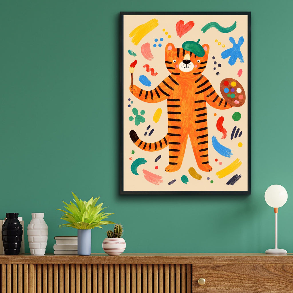 Tiger Artist Nursery Wall Art, Colourful Painter Tiger Poster, Kids Room Print, Playful Animal Art