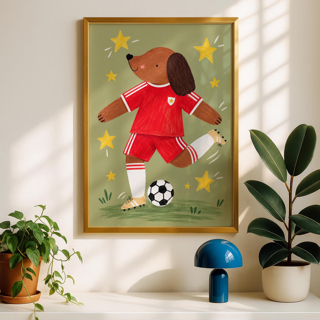 Football Dog Nursery Print, Cute Dog Poster, Red Kit Kids Room Wall Art, Sports Nursery Decor