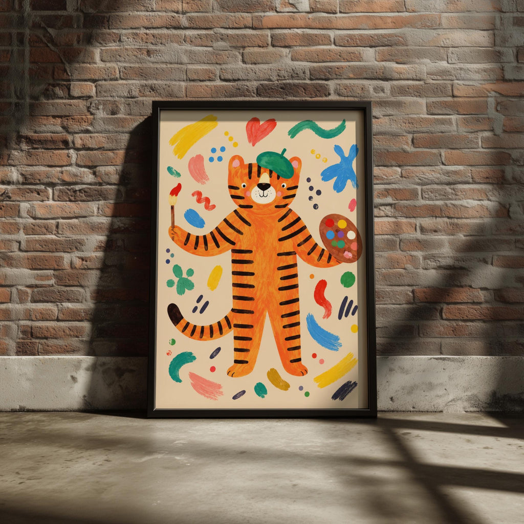 Tiger Artist Nursery Wall Art, Colourful Painter Tiger Poster, Kids Room Print, Playful Animal Art