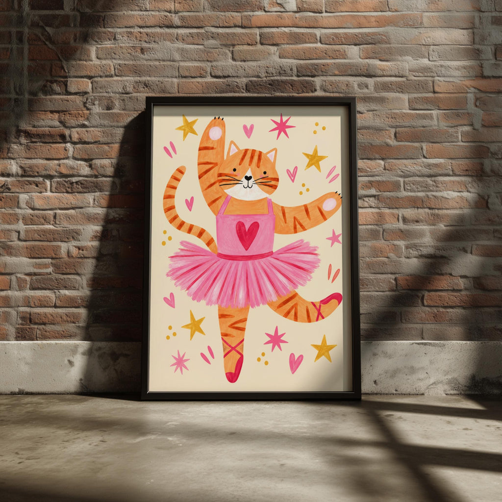 Ballerina Cat Nursery Wall Art, Ginger Tabby Ballet Poster, Pink Tutu Print, Girls Bedroom Decor