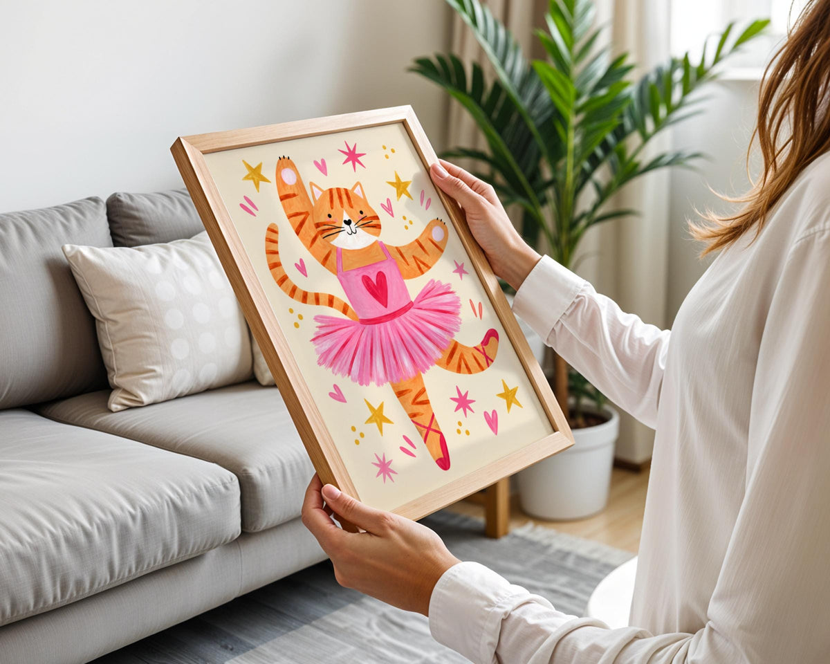 Ballerina Cat Nursery Wall Art, Ginger Tabby Ballet Poster, Pink Tutu Print, Girls Bedroom Decor