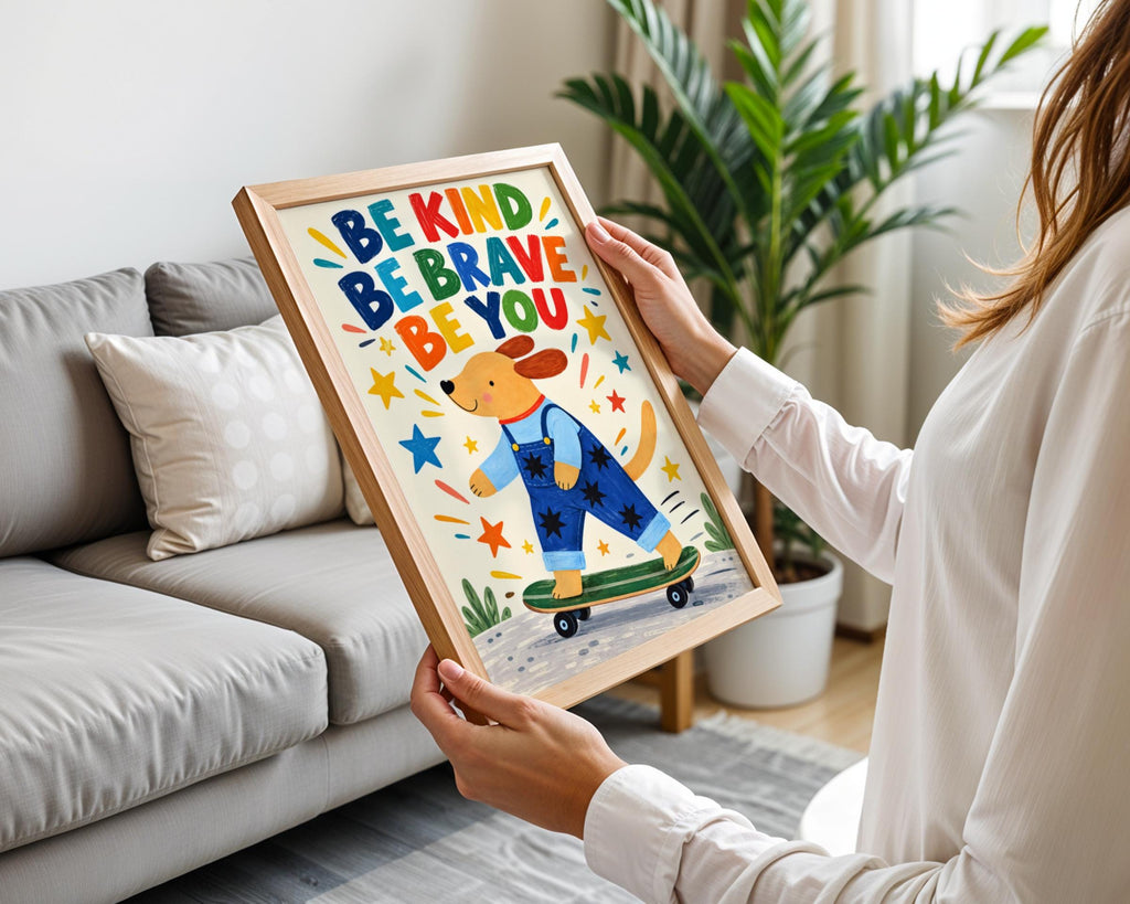 Be Kind Be Brave Be You Nursery Wall Art, Skateboarding Dog Poster, Kids Room Playroom Decor