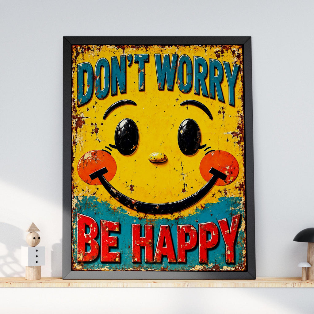 Don't Worry Be Happy Smiley Face Poster, Retro Rustic Tin Sign Style, Yellow Wall Art Print