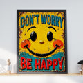 Don't Worry Be Happy Smiley Face Poster, Retro Rustic Tin Sign Style, Yellow Wall Art Print