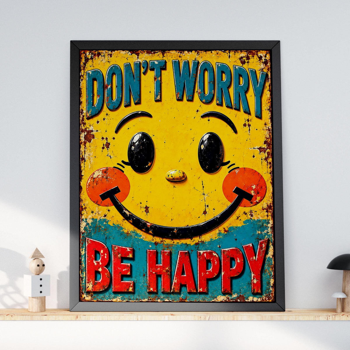 Don't Worry Be Happy Smiley Face Poster, Retro Rustic Tin Sign Style, Yellow Wall Art Print