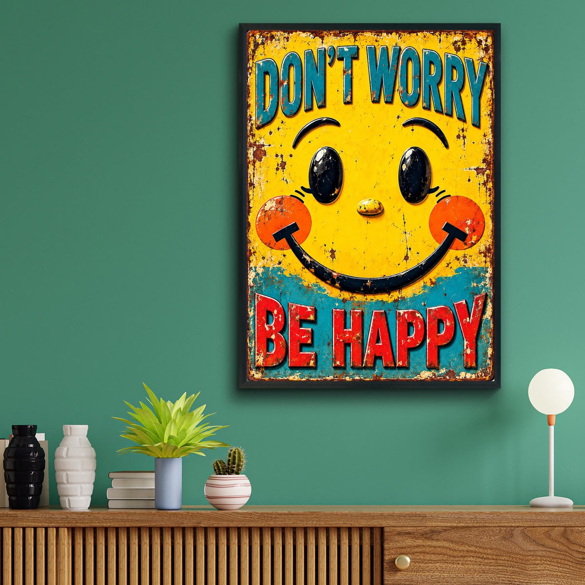 Don't Worry Be Happy Smiley Face Poster, Retro Rustic Tin Sign Style, Yellow Wall Art Print