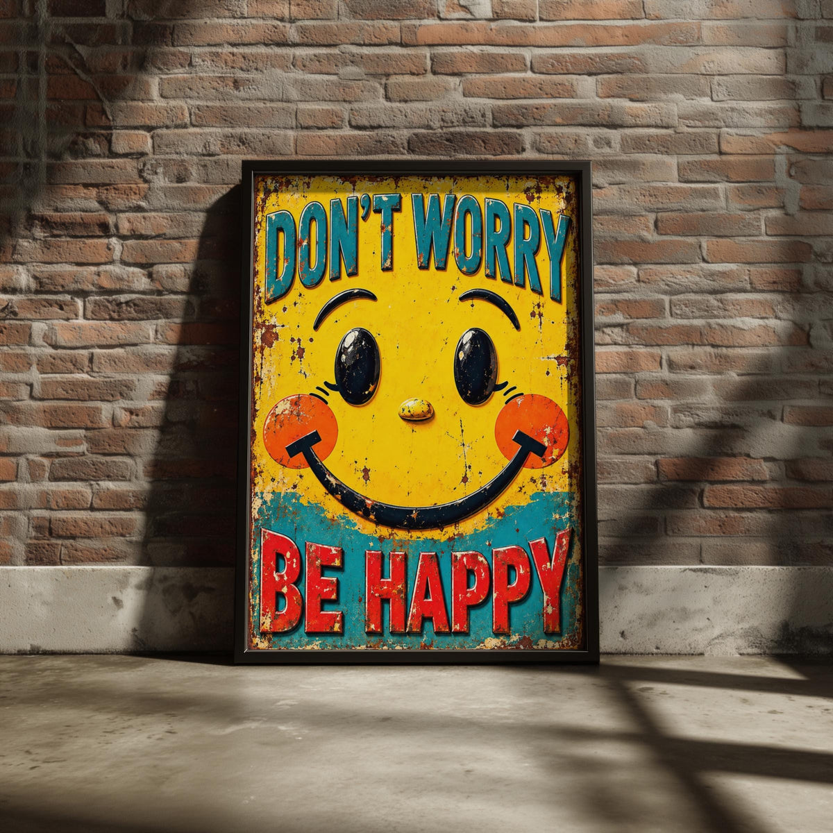 Don't Worry Be Happy Smiley Face Poster, Retro Rustic Tin Sign Style, Yellow Wall Art Print