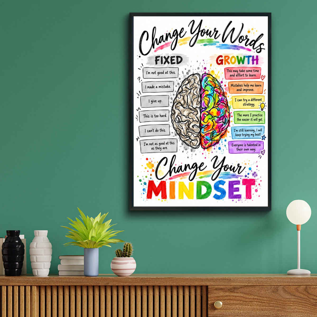 Growth Mindset Poster, Fixed vs Growth Brain Art, Classroom Wall Art, Positive Affirmations Print