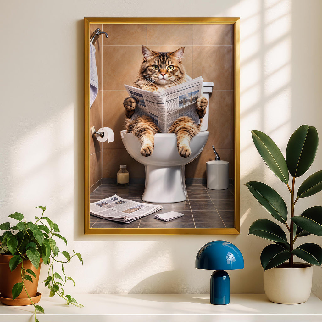 Funny Cat on Toilet Reading Newspaper Poster, Bathroom Wall Art, Quirky Tabby Cat Print, Loo Decor