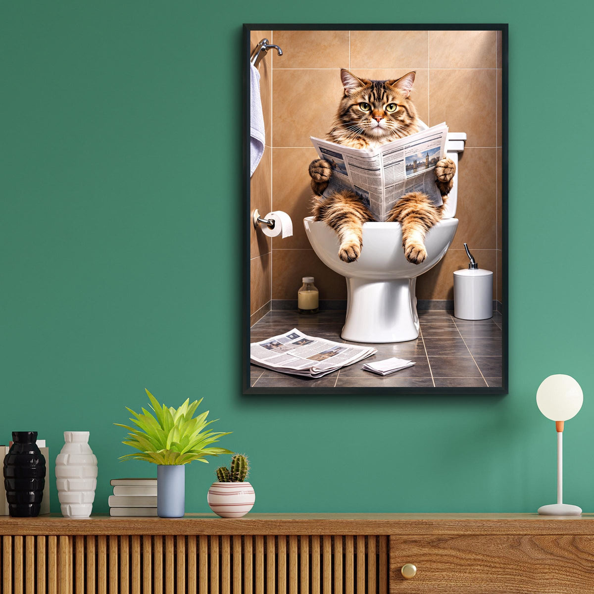 Funny Cat on Toilet Reading Newspaper Poster, Bathroom Wall Art, Quirky Tabby Cat Print, Loo Decor
