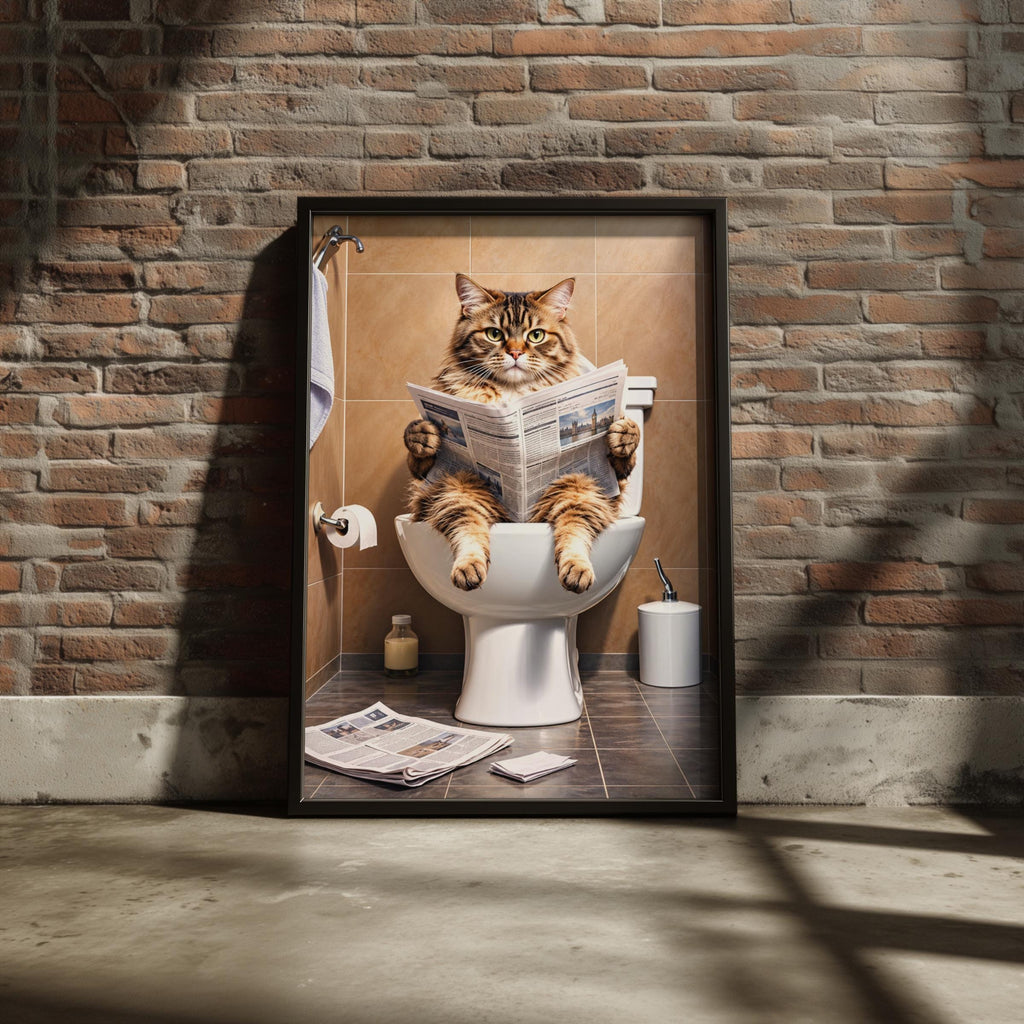 Funny Cat on Toilet Reading Newspaper Poster, Bathroom Wall Art, Quirky Tabby Cat Print, Loo Decor