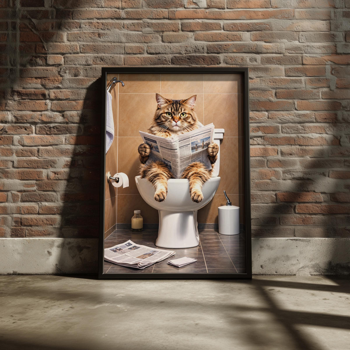 Funny Cat on Toilet Reading Newspaper Poster, Bathroom Wall Art, Quirky Tabby Cat Print, Loo Decor