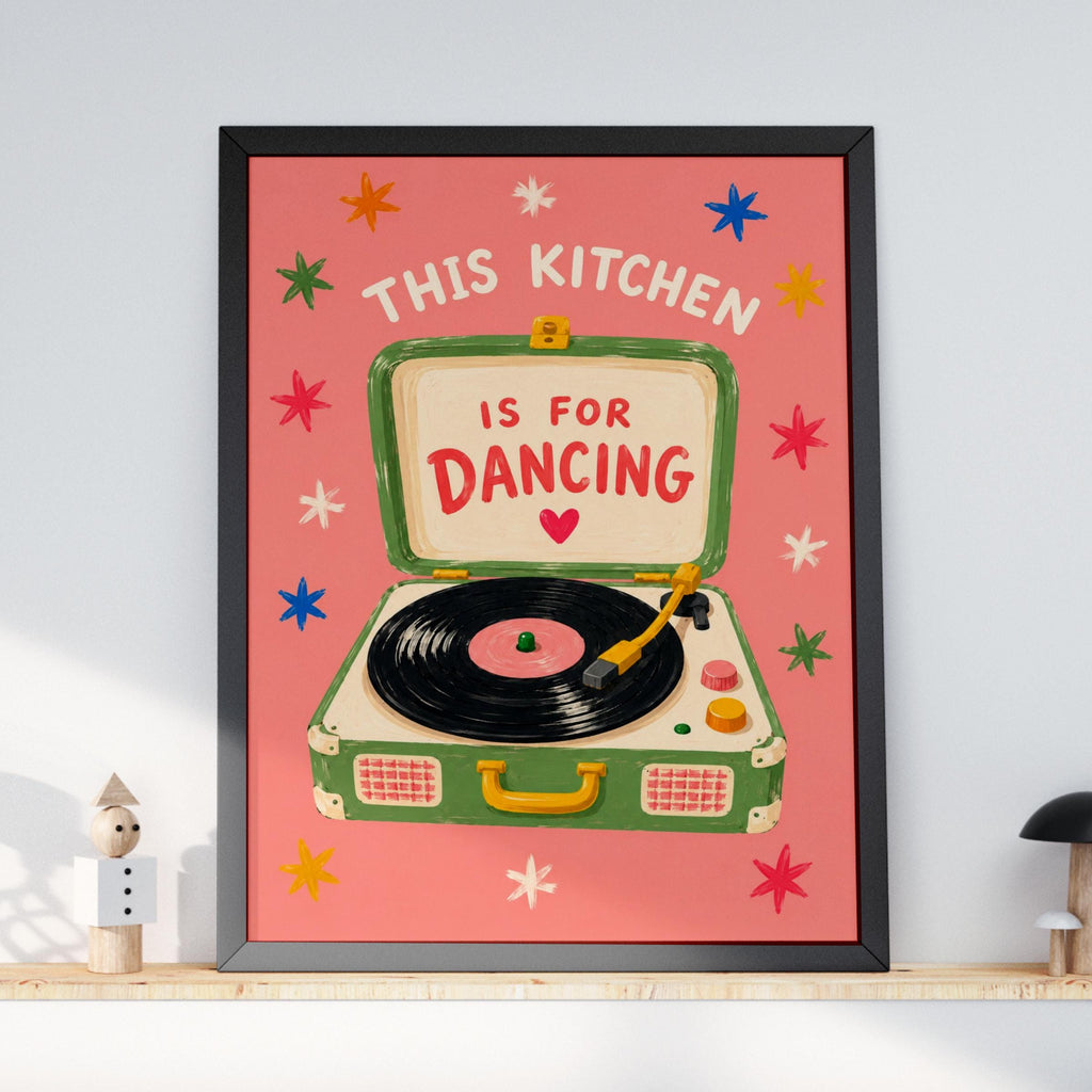 Kitchen Dancing Quote Poster, Retro Record Player Wall Art, Colourful Vinyl Art Print