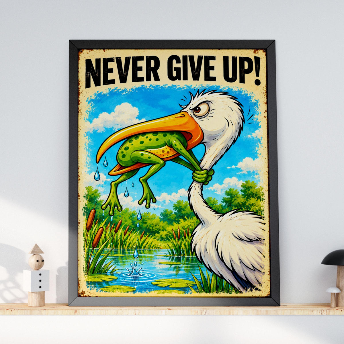 Never Give Up Frog and Stork Poster, Funny Motivational Wall Art, Retro Vintage Tin Sign Style Print