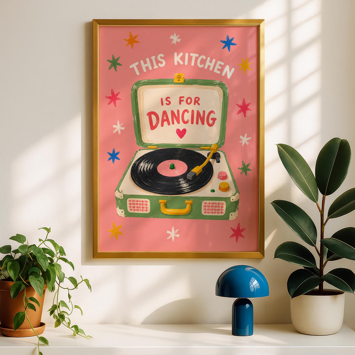 Kitchen Dancing Quote Poster, Retro Record Player Wall Art, Colourful Vinyl Art Print