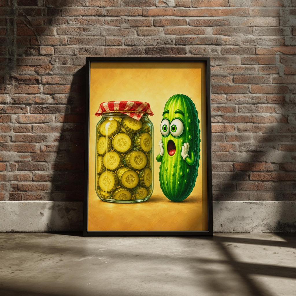 Funny Pickle Wall Art, Startled Cucumber Poster, Kitchen Print, Quirky Food Art, Humorous Decor