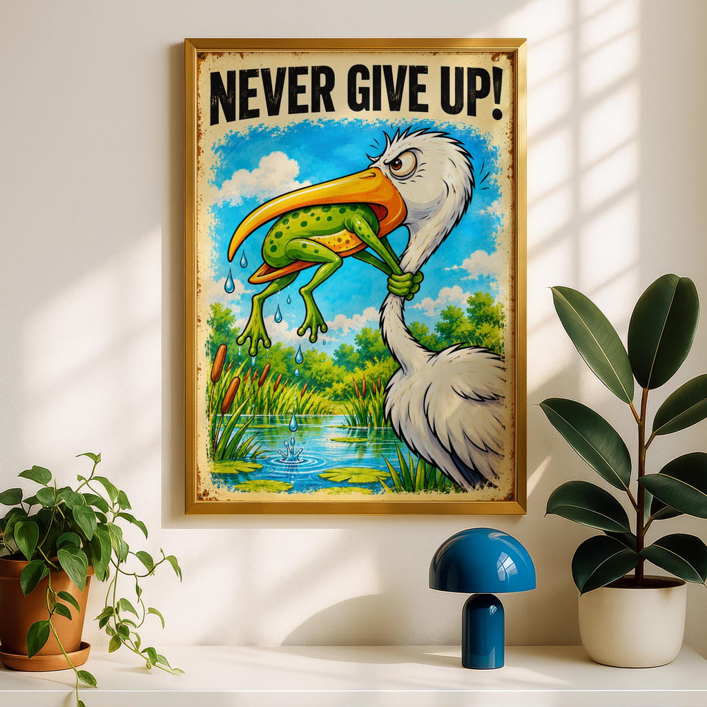 Never Give Up Frog and Stork Poster, Funny Motivational Wall Art, Retro Vintage Tin Sign Style Print