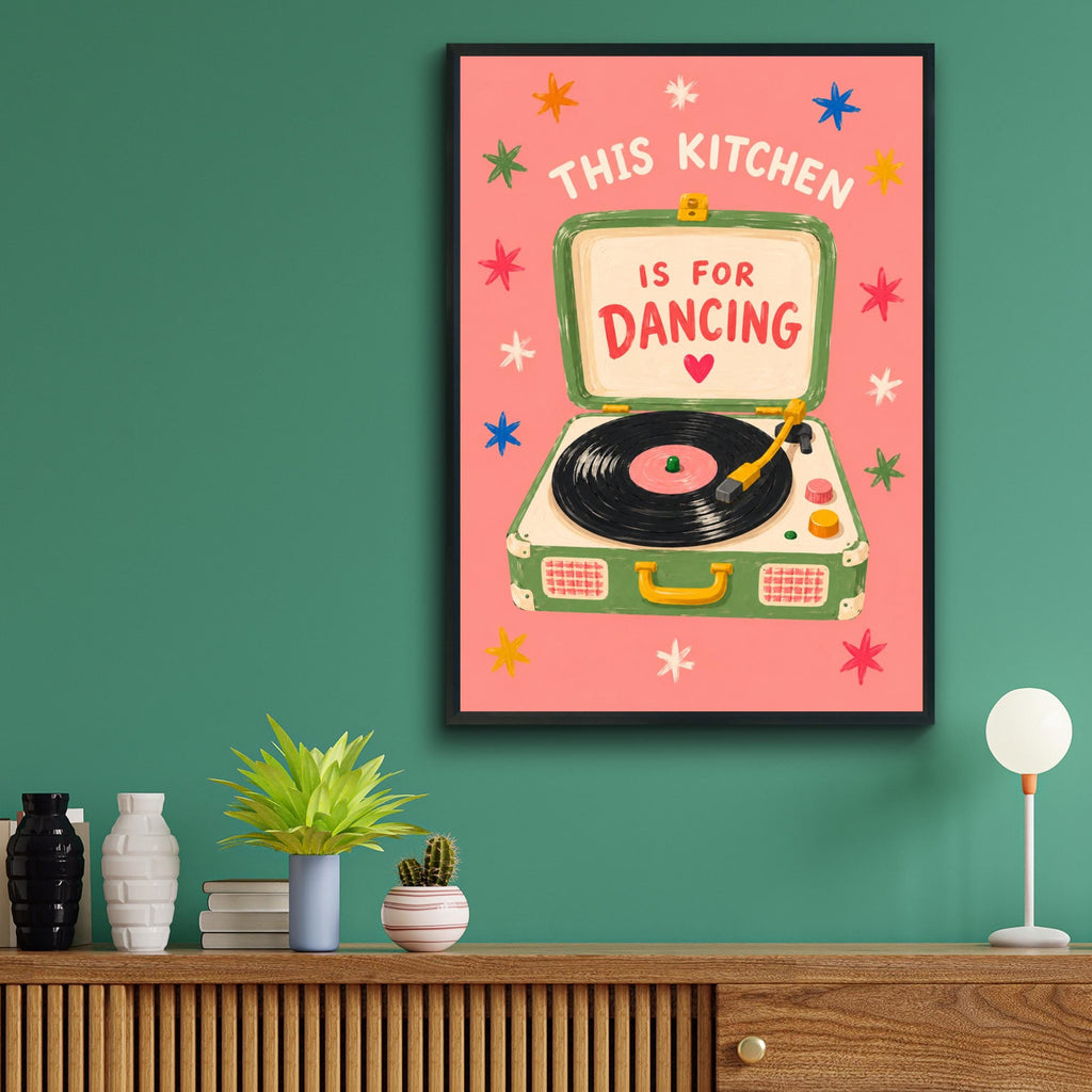 Kitchen Dancing Quote Poster, Retro Record Player Wall Art, Colourful Vinyl Art Print