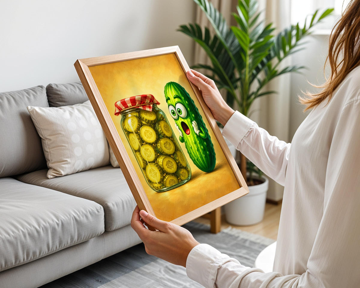 Funny Pickle Wall Art, Startled Cucumber Poster, Kitchen Print, Quirky Food Art, Humorous Decor
