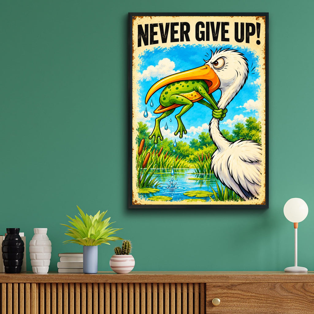 Never Give Up Frog and Stork Poster, Funny Motivational Wall Art, Retro Vintage Tin Sign Style Print