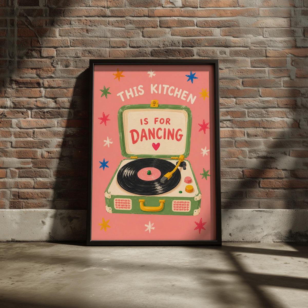 Kitchen Dancing Quote Poster, Retro Record Player Wall Art, Colourful Vinyl Art Print