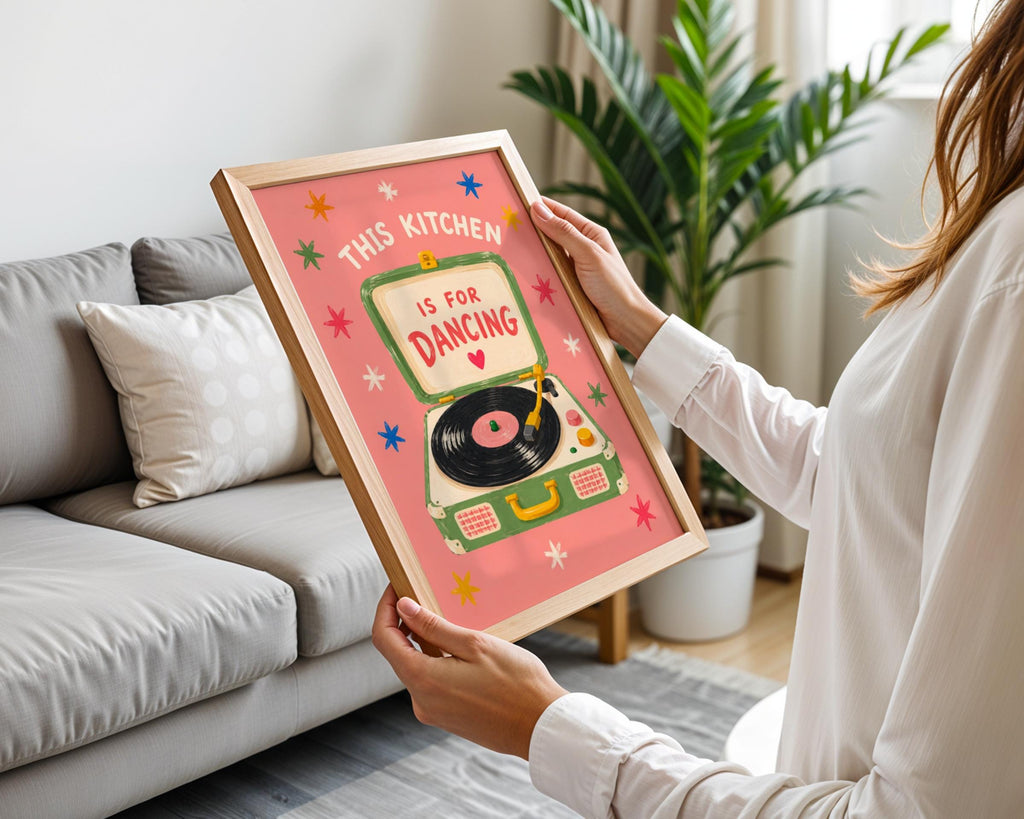 Kitchen Dancing Quote Poster, Retro Record Player Wall Art, Colourful Vinyl Art Print