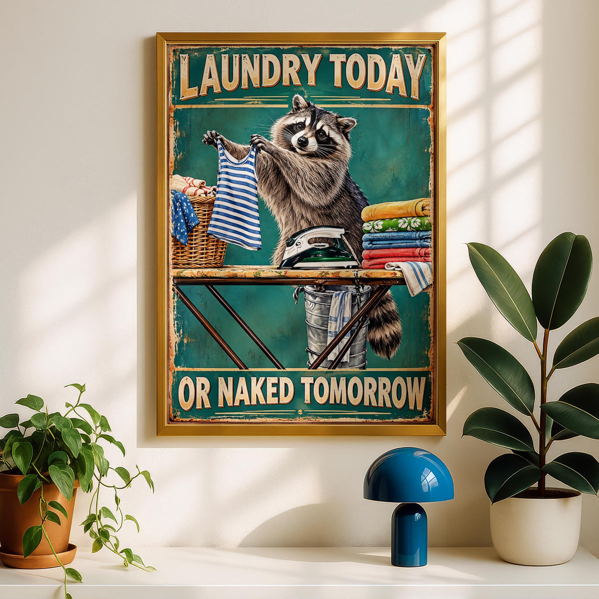Raccoon Laundry Room Wall Art, Funny Vintage Tin Sign Style Print, Utility Room Poster