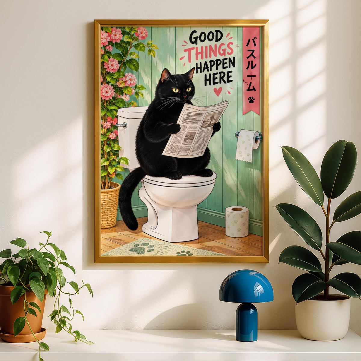 Black Cat on Toilet Reading Newspaper, Funny Bathroom Wall Art, Cute Loo Poster, Japanese Pink Green