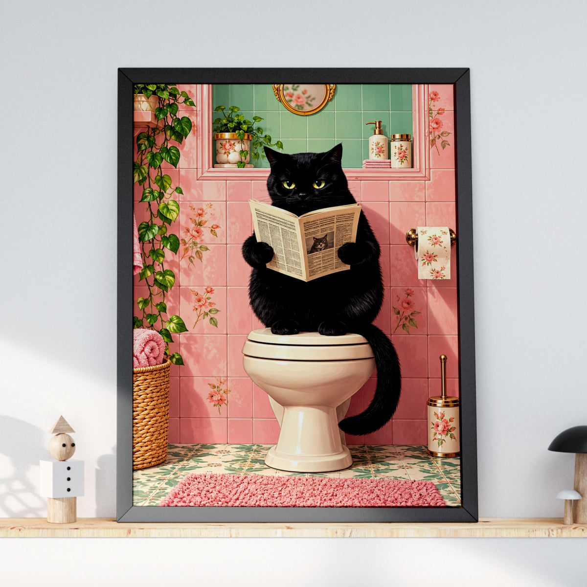 Black Cat Reading Newspaper on Toilet, Funny Bathroom Wall Art, Pink Retro Poster, Quirky Loo Decor