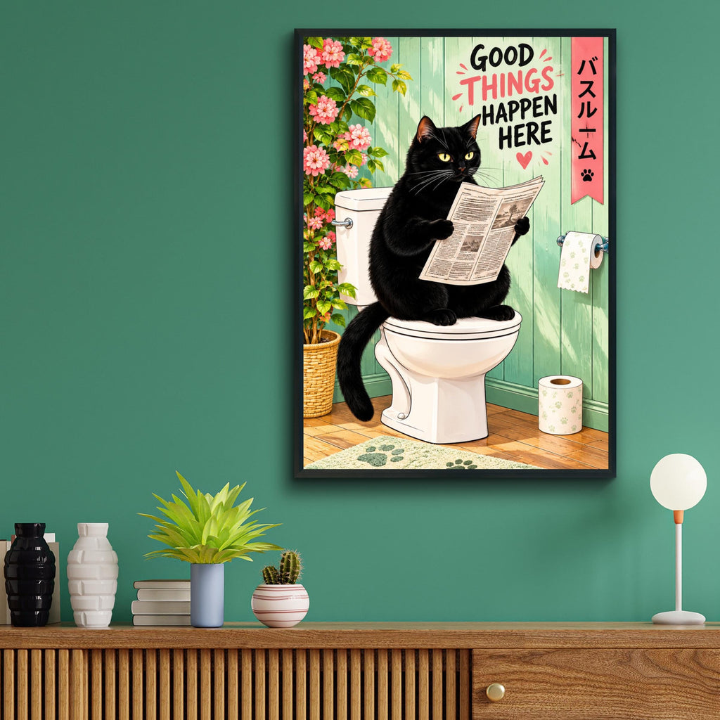 Black Cat on Toilet Reading Newspaper, Funny Bathroom Wall Art, Cute Loo Poster, Japanese Pink Green