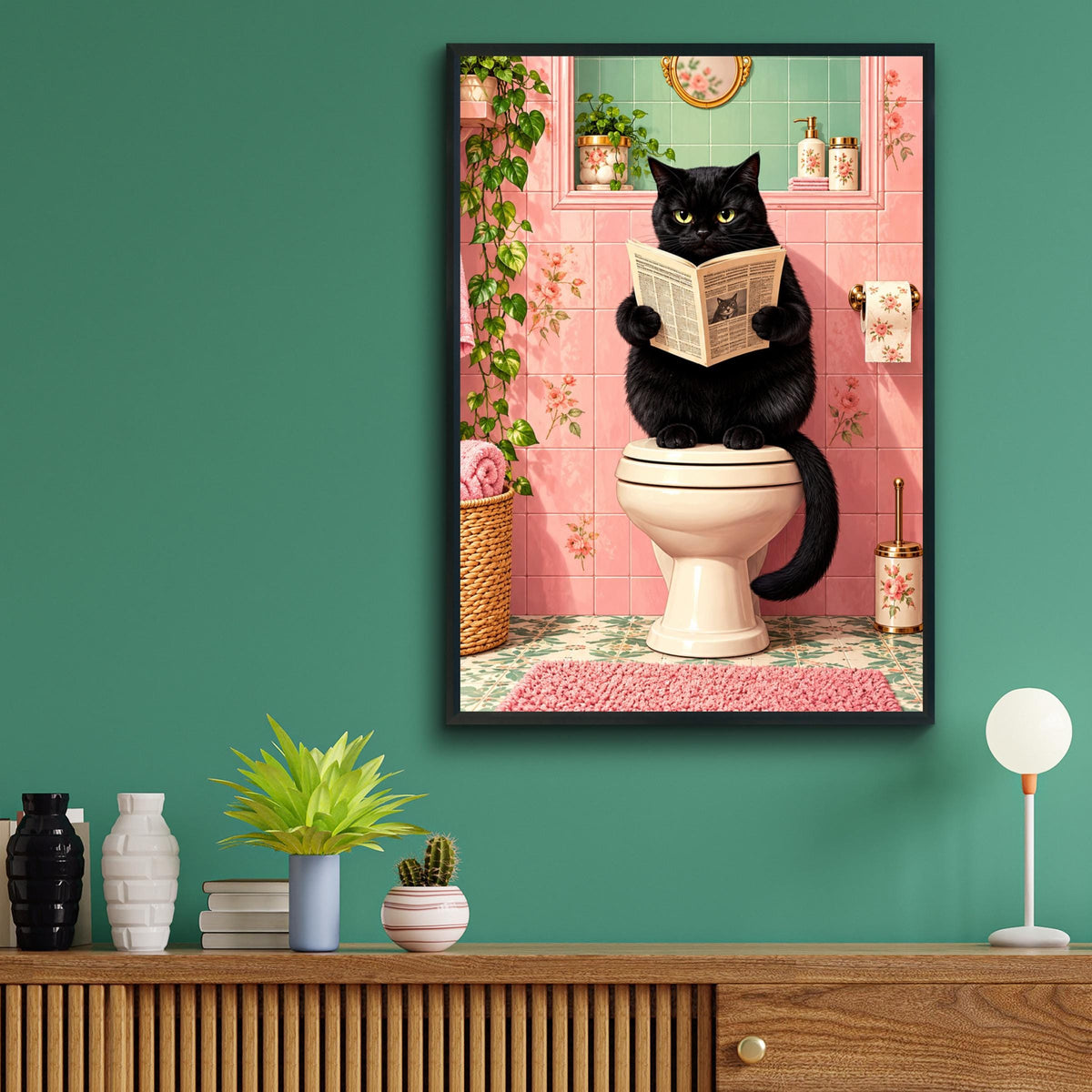 Black Cat Reading Newspaper on Toilet, Funny Bathroom Wall Art, Pink Retro Poster, Quirky Loo Decor