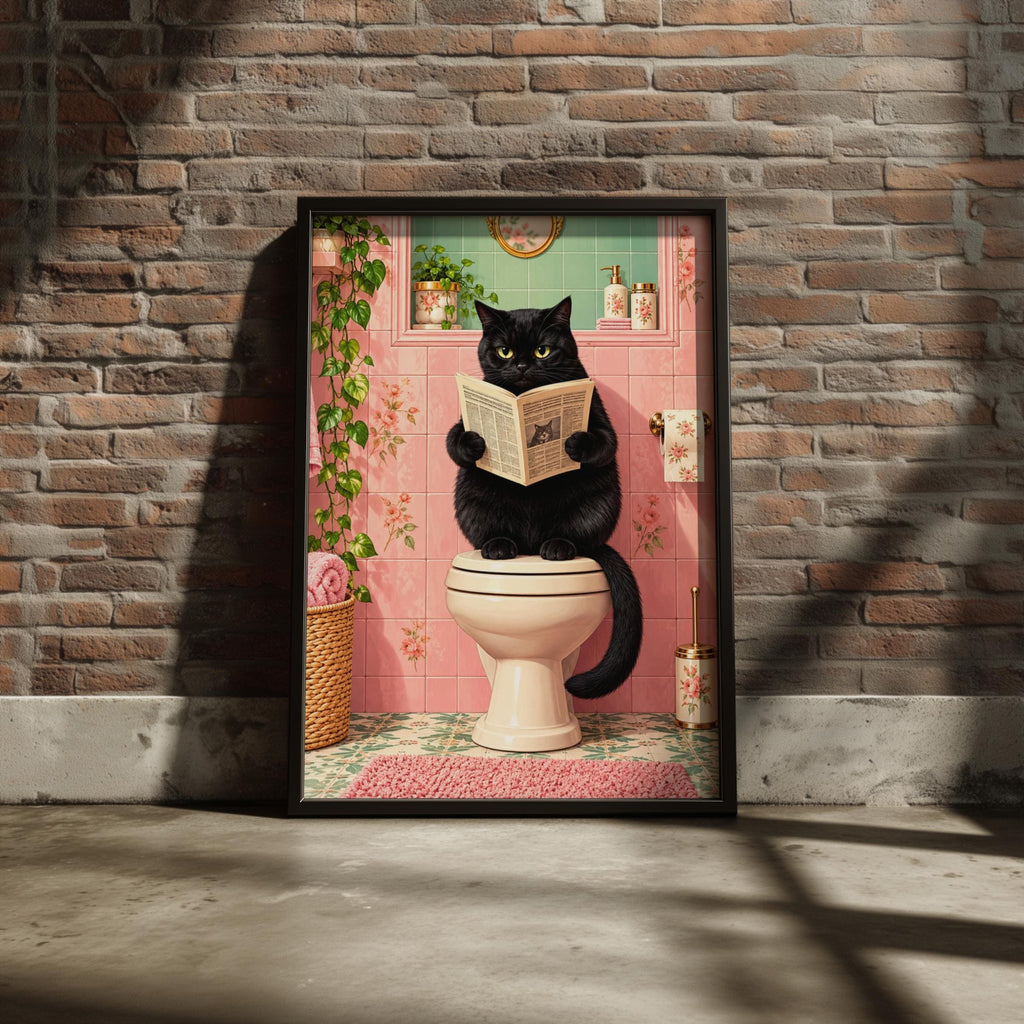 Black Cat Reading Newspaper on Toilet, Funny Bathroom Wall Art, Pink Retro Poster, Quirky Loo Decor