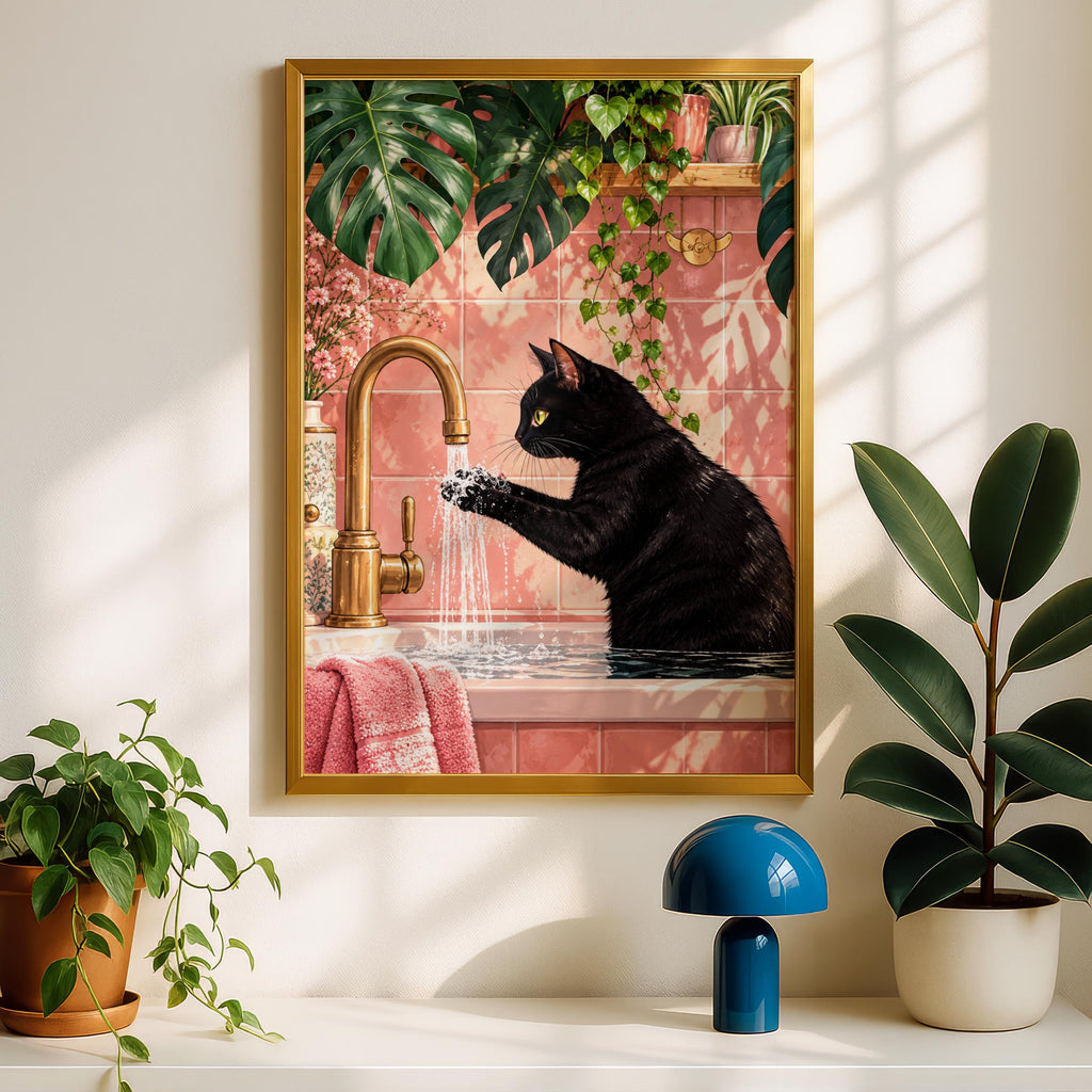 Black Cat Washing Paws Bathroom Wall Art, Pink Tile Print, Monstera Plants, Brass Tap