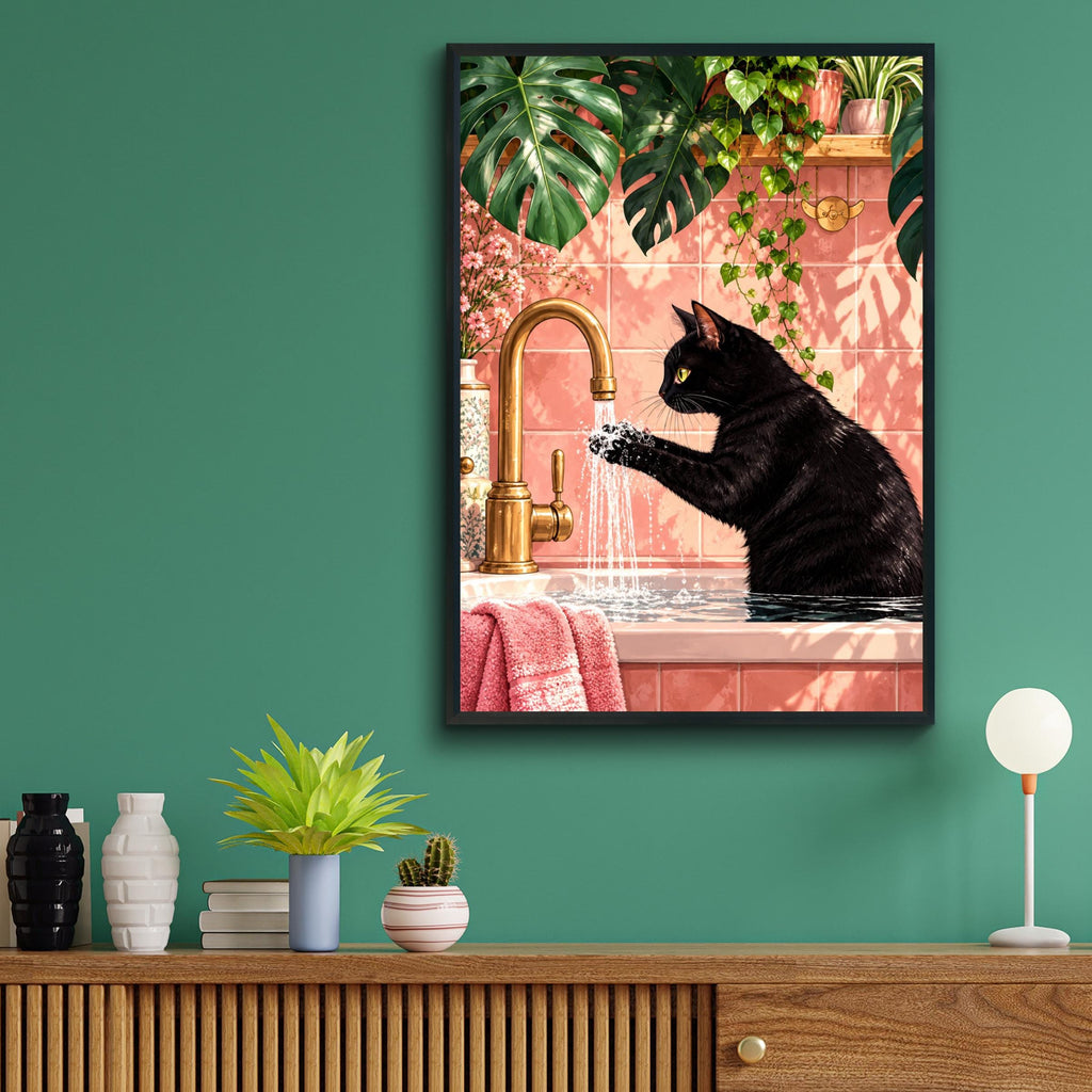 Black Cat Washing Paws Bathroom Wall Art, Pink Tile Print, Monstera Plants, Brass Tap