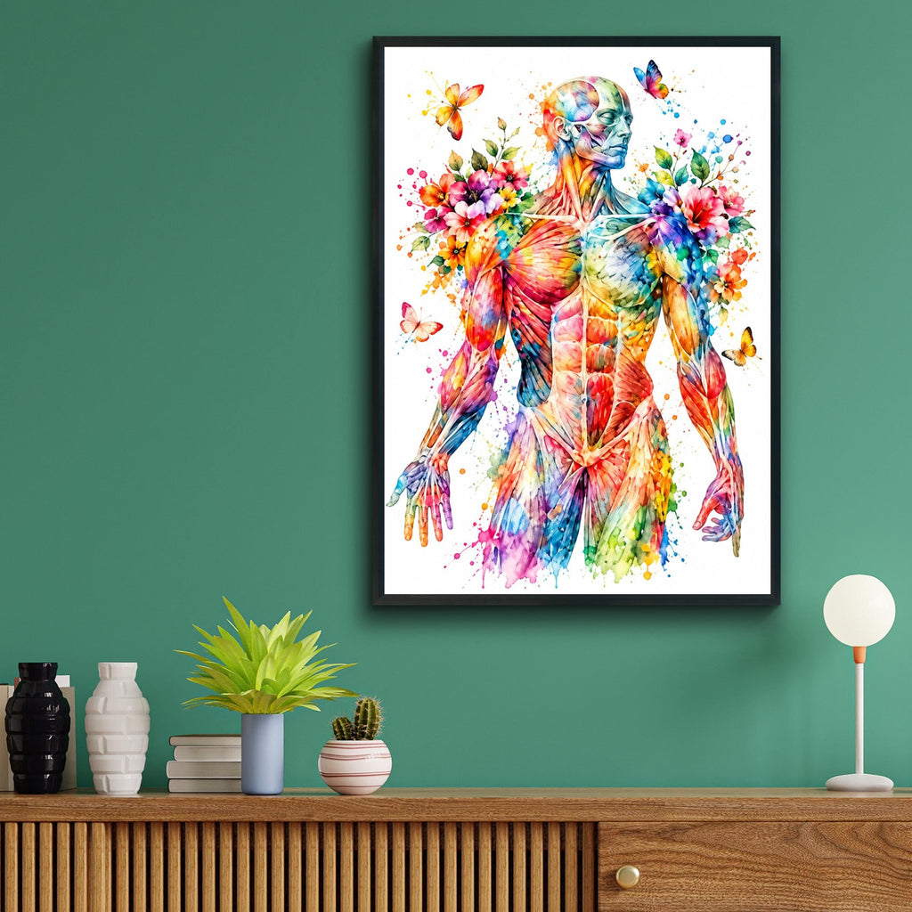 Human Muscle Anatomy Art Print, Watercolour Body Poster, Floral Butterfly Medical Wall Art, Physio
