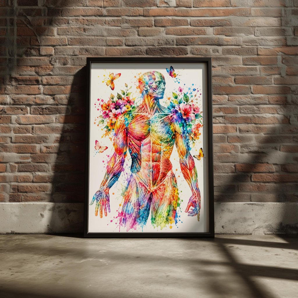 Human Muscle Anatomy Art Print, Watercolour Body Poster, Floral Butterfly Medical Wall Art, Physio