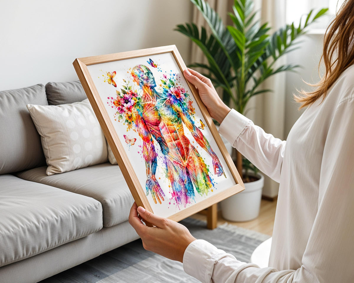 Human Muscle Anatomy Art Print, Watercolour Body Poster, Floral Butterfly Medical Wall Art, Physio