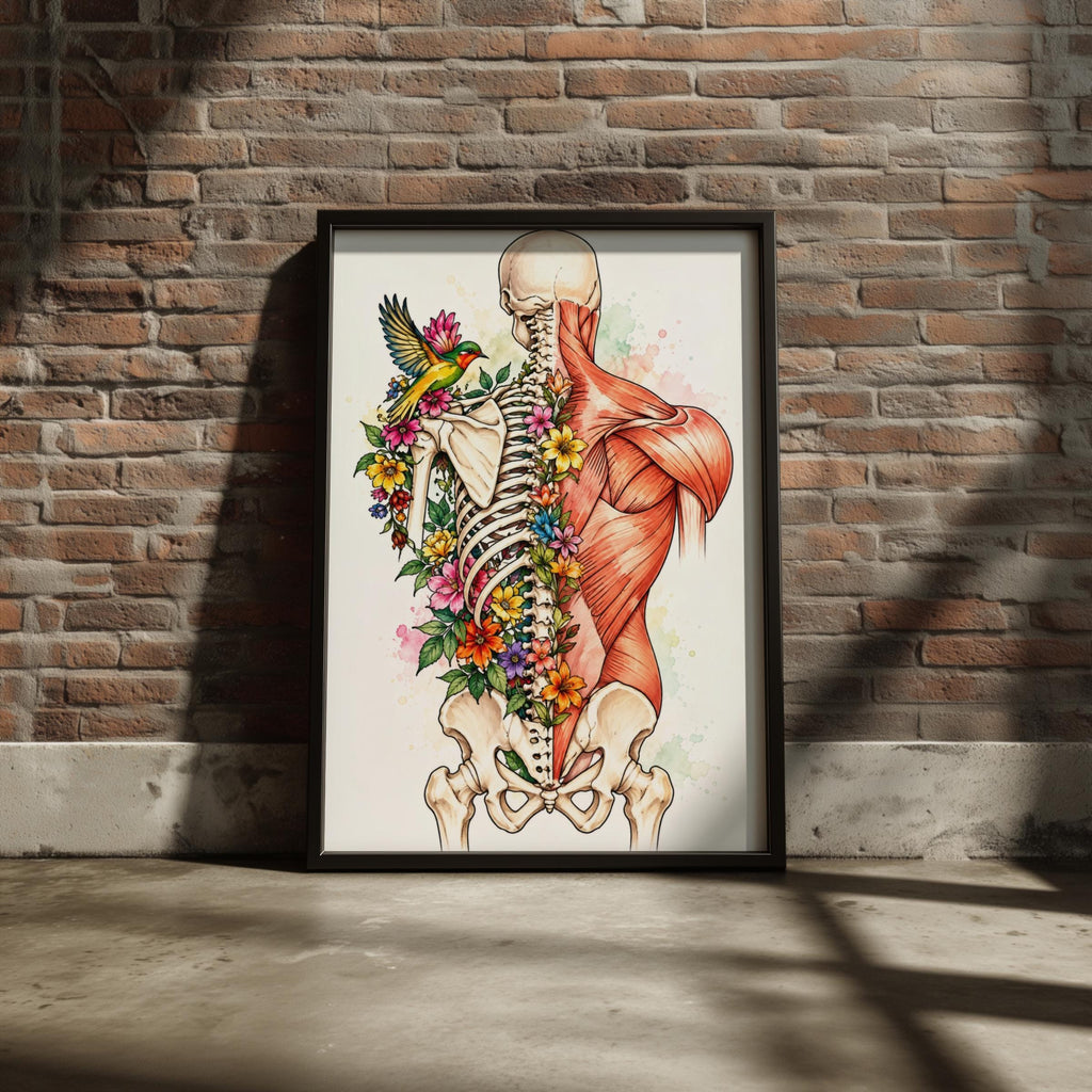 Floral Anatomy Poster, Skeleton and Muscle Back Art Print, Watercolour Botanical Anatomical Wall Art