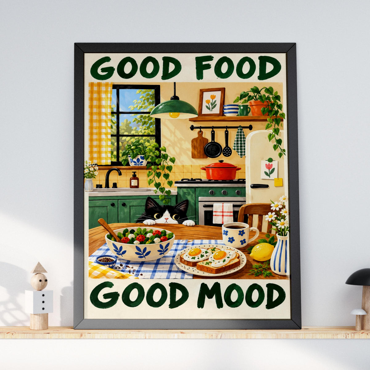 Good Food Good Mood Kitchen Poster, Cute Tuxedo Cat Wall Art, Green Yellow Dining Room Decor Print